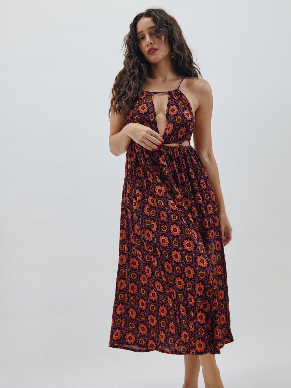 Sleeveless Burgundy & Orange Floral Maxi Dress with Cutouts